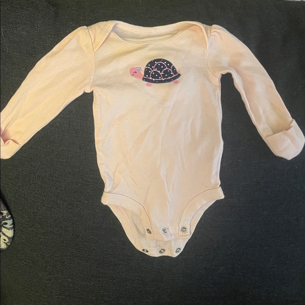 Simple Peach Long Sleeve Bodysuit with Turtle Design